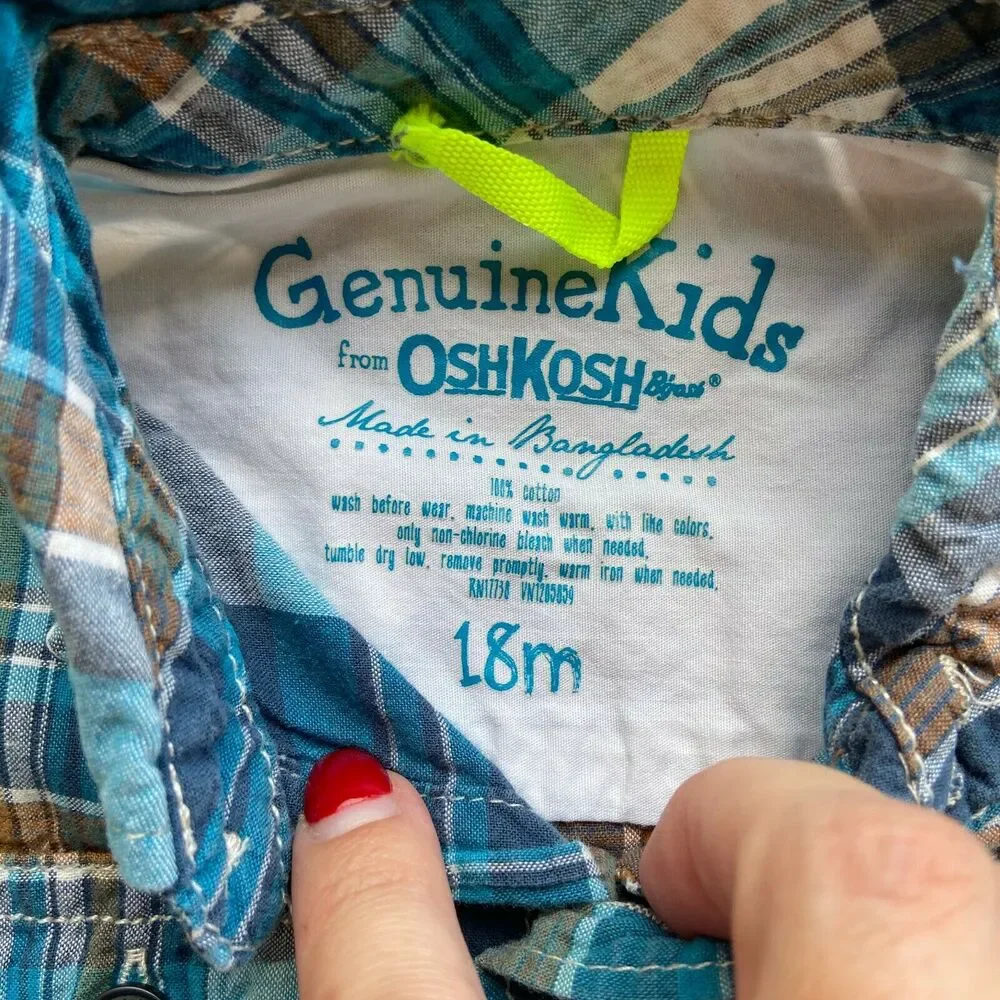 Genuine Kids‎ Boys Shirt Size 18 Months Blue Brown Plaid Button Up Pockets